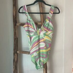 Accessorize London NWOT Swirl Mint Lilac Pastel Deep V One Piece Bathing Suit 8